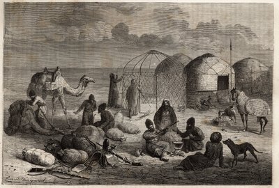 A turkoman tábor Turkesztán és Perzsia határvidékén található. Mindegyik sátor farácsból áll, és nemezzel borított, és egy családnak ad otthont. Metszet Henri de Blocqueville történetének illusztrálására „14 mois de captivite chez les turcomans” 1860 és alkotó: Unknown artist