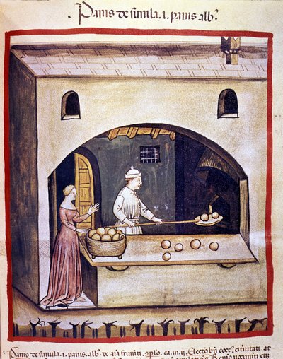 Egy pék fehér kenyeret és búzadarás kenyeret készít. Megvilágítás az orvostudomány és a dietetika fejéséből "" Tacuinum sanitatis"" alkotó: Unknown artist