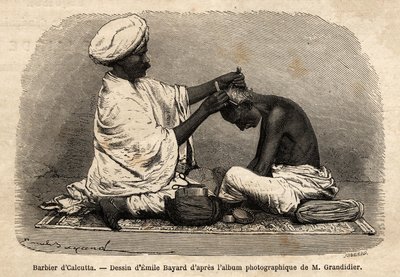 Egy fodrász Kalkutta utcáin dolgozik. Alfred Grandidier 1862-1864-es metszete India meridionális tartományaiban való utazás szemléltetésére, megjelent a „” le tour du monde”-ban”, szerkesztette D