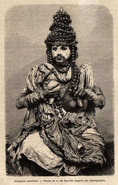 Egy koldus vallásos. Alfred Grandidier 1862-1864-es metszete India meridionális tartományaiban való utazás szemléltetésére, megjelent a „” le tour du monde”-ban, D