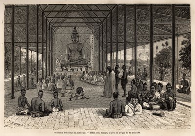 Bonze felszentelési szertartás egy templomban Angkor közelében, Kambodzsában. Francis Garnier, de Vaissseau hadnagy 1866-1868-as metszete az indokínai felfedezőút illusztrálására, megjelent a "" Le tour du monde"" 1870-1871-ben, szerkesztette: alkotó: Unknown artist