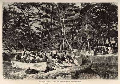 Egy polgári piknik (vagy piknik) Edo (a mai Tokió) külvárosában, egy szövetkeretben, a vendégek, általában két család, közösen étkeznek, és gyakran alkalmasak zenészek, táncosok és pantomimok alkalmára. Metszet az utazás illusztrálására alkotó: Unknown artist