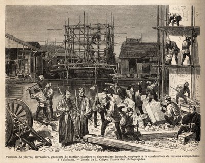 Építkezés egy európai házhoz Edóban (Tokió), ahol kővágókat, teraszosokat, habarcsosokat, platírozókat és ácsokat alkalmaznak. Aime Humbert, a Svájci Államszövetség minisztere 1863–1818-as metszete a japán utazás szemléltetésére alkotó: Unknown artist