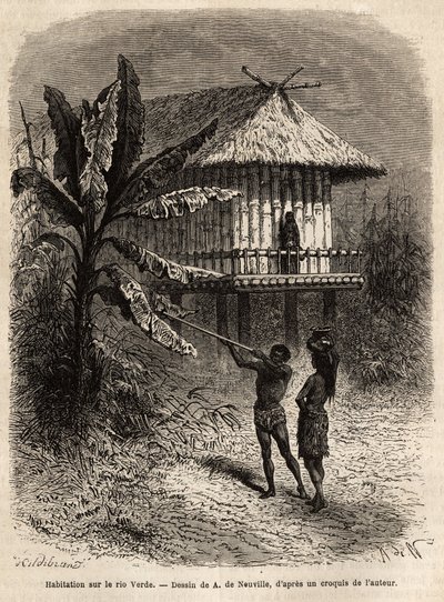 Néhány indián Rio Verde-ből (Brazília) a férfi a sarbacanjával, egy tipikus gólyalábas ház előtt. Dr. Saffray 1869-es metszete az új-granadai utazás szemléltetésére, megjelent a „Le tour du monde”” 1873-ban, szerkesztette Edouard Charton, e alkotó: Unknown artist