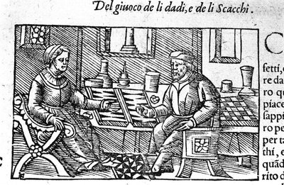 Egy pár kockával játszik. Metszet Olaus Magnus „Historia de gentis septemtrionalis” után, Róma 1560. alkotó: Unknown artist
