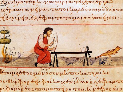 Elefántcsonttal dolgozó iparos. A szíriai Oppian (Oppian vagy Oppianus) (Kr. u. 3. század) miniatúrája a „Cynegetics” vadászszakmából, amelyet Caracallának szenteltek. 11. századi Velence. Biblioteca Marciana alkotó: Unknown artist