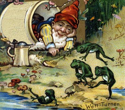 A békákkal játszó törpe vagy farfadet. 19. századi kromolitográfia. alkotó: Unknown artist