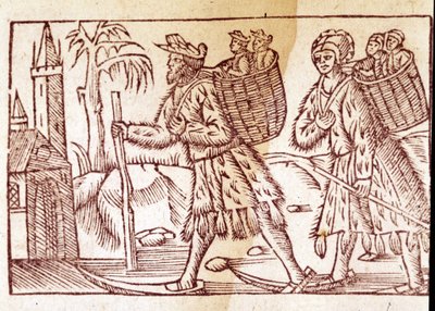 Síléceken utazó norvég család. Olaus Magnus (1490 - 1557) svéd vallás- és földrajztudós metszete, „Historia de Gentis Septentrionalibus”, Velence alkotó: Unknown artist