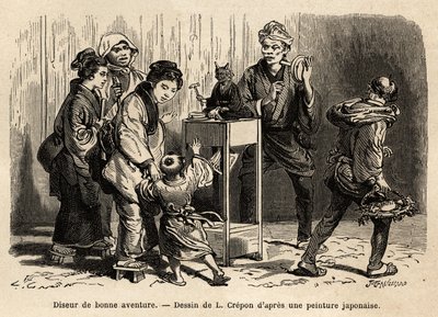 Jósnő Edo (ma Tokió) utcáin. Aime Humbert, a Svájci Államszövetség minisztere 1863-1864-es metszete a japán utazás szemléltetésére, megjelent a „le tour du monde”-ban, Edouard Charton, Hachette, Pari irányításával. alkotó: Unknown artist