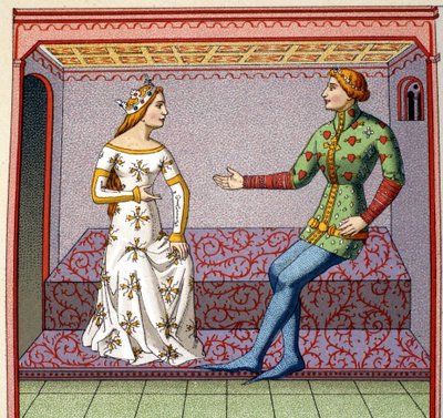 Egy gáláns jelenet a középkorban: egy fiatal férfi udvarol egy hercegnőnek. Faux főiskola egy kézirat után. 19. század. alkotó: Unknown artist