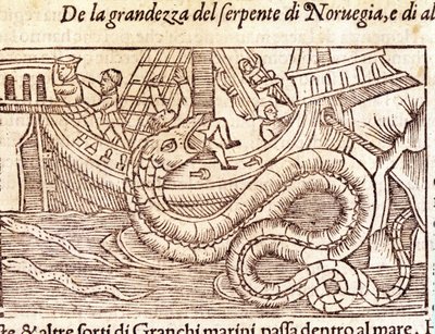 Egy óriási tengeri kígyó megtámad egy hajót, és megveri a legénységet. Olaus Magnus (1490 - 1557) svéd vallás- és földrajztudós metszete, „Historia de Gentis Septentrionalibus”, Velence alkotó: Unknown artist