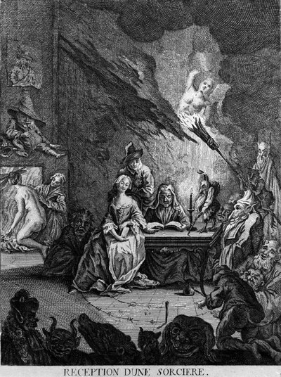 Egy lányt egy boszorkány fogad, szörnyű lényekkel körülvéve (a beavatási szertartáson?). 17. századi metszet alkotó: Unknown artist