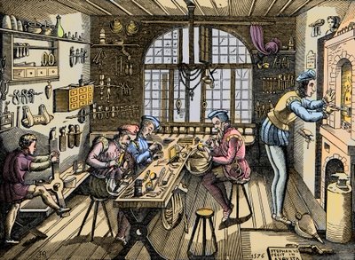 Ötvösműhely - Kézműves: Etienne Delaune (1518-1583), ötvös, francia nyomdász műhelyének képe. Metszet egy 1576-os eredeti után. Etienne Delaulne párizsi ötvös műhelye alkotó: Unknown artist