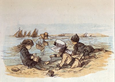 Egy csapat gyerek játszik a víz mellett a homokon. 1881 alkotó: Unknown artist