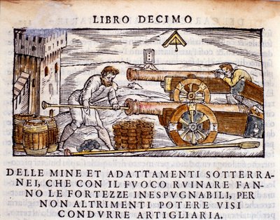 Egy tüzér, aki fegyvert tölt robbanóanyaggal. Vannoccio Biringuccio (1480-1539) „De la Pyrotechnia” (vagy Pirotechnia) kohászati fejésből készült metszete, 1550. alkotó: Unknown artist
