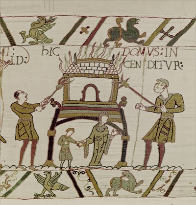 Egy házat felgyújtottak a normannok, Bayeux gobelin (gyapjú hímzés vászonra) alkotó: Unknown artist