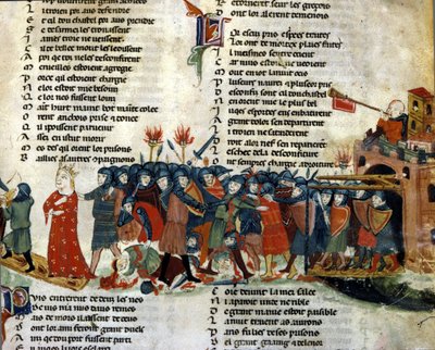 Egy király fogságba esik és elviszik az ellenséges seregtől, miközben a csata áldozatai a földön hevernek. A „Roman de Troy” miniatúrája, Benoit de Saint Maure. 14. századi Biblioteca Marciana, Velence alkotó: Unknown artist