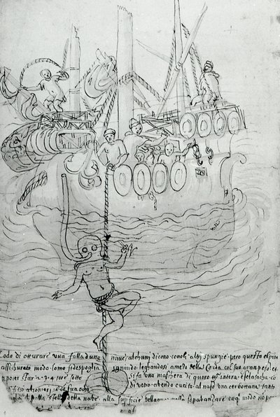 Egy férfi maszkkal próbálja megjavítani egy csónak törzsét. alkotó: Unknown artist
