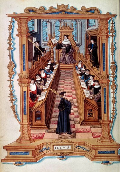 Mesterudvar a párizsi Sorbonne Egyetem egyik termében a középkorban. Egy miniatűrből. 16. század alkotó: Unknown artist