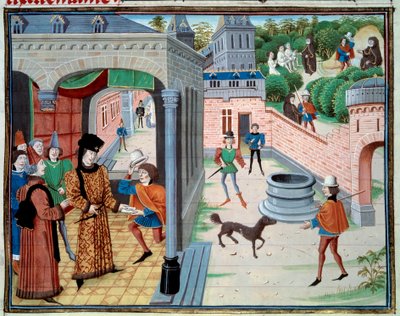 Messengernek. Miniatűr Loyset Liedet „Renaud de Montauban” vagy „Les quatre fils Aymon” kéziratából (aktív 1448 és 1478 között). Ms. 5073. 15. századi Bibliotheque de l