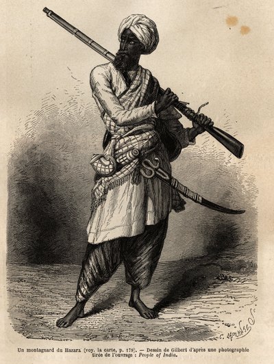 Egy hegymászó Hazarából (Punjab, India). Metszet a panddzsábi és kasmíri utazás szemléltetésére, Guillaume Lejean története 1866-ban, amelyet a „Le tour du monde, nouveau Journal des voyages” jelent meg Edouard Charton irányítása alatt. alkotó: Unknown artist