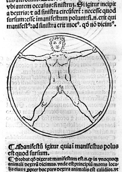 "A szegények filozófiája" oldala Nagy Albert (= Albert Magnus 1206 - 1280). Egy körben álló férfit ábrázoló illusztráció. Brescia 1493 alkotó: Unknown artist