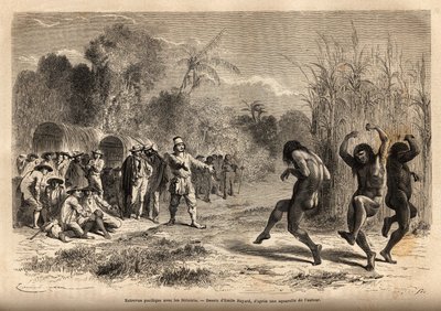 Békés interjú a szerző expedíciója és néhány Siriniris indián (Peru törzse, a bolíviai határon) között, akiket vonz a lehetőség, hogy a vadásztárgyakat hardverekért cserekereskedelemben keressenek, kiabálva és gesztikulálva fordulnak maguk felé. Gravírozás alkotó: Unknown artist