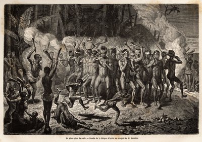 Pilou-pilou (vagy pirula vagy pirula) az éjszakában, a kanak törzsi szertartások hagyományos tánca. Jules Garnier bányamérnök 1863–1866-os új-kaledóniai utazását illusztráló metszet, amelyet a „Le tour du monde, nouveau jour” publikáltak. alkotó: Unknown artist