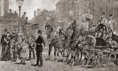 Egy rendőr megállítja a forgalmat egy forgalmas gyalogátkelőhelyen, hogy a gyalogosok átkelhessenek az úton, London, Anglia alkotó: Unknown artist