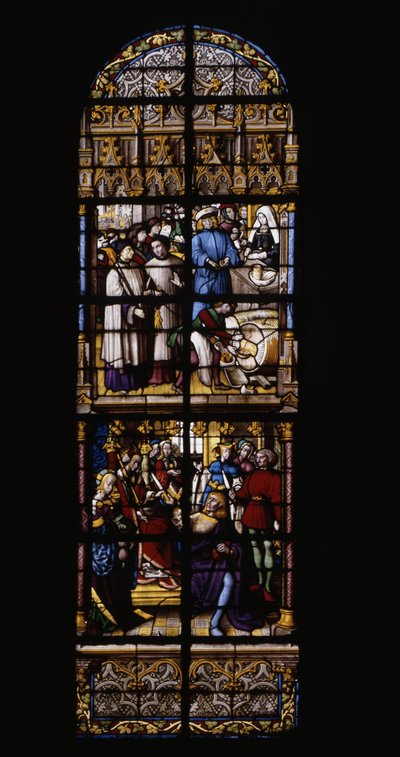 Borértékesítési jogdíj volt és a pultnál (felső). Aranyáron Fredegonde egy mérgezett tőrrel felfegyverkezve két Therouanne-sekart (alacsony). Ólomüveg a Cathedrale de Tournainál: kereszthajó jobbra (4). alkotó: Unknown artist