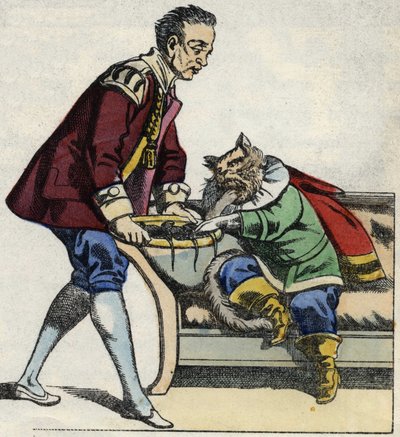 Egy szolga kiszolgálja a macskát egértálcával. Illusztráció Charles Perrault „The cat botte” című meséjéről alkotó: Unknown artist