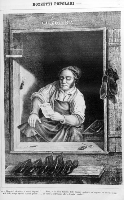 Egy cipész a 19. században: Ha túl magasra vetnénk az adót a sarkú cipőkre, hány magas férfi lesz kicsi... alkotó: Unknown artist