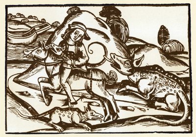 Egy utazó találkozik két szörnyeteg tigrissel, akik a bazilikára hasonlítanak. Esope meséi (metszet, XV. század vége) alkotó: Unknown artist