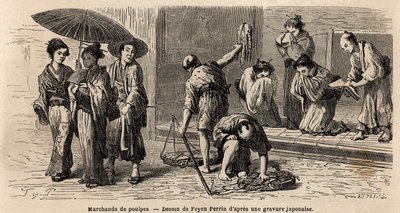 Egy utazó polipkereskedő kínálja termékeit a járókelőknek az Edo Streeten (vagy Yedo Streeten, ma Tokióban). Aime Humbert, a Svájci Államszövetség miniszterének 1863–1864-es japán utazását illusztráló metszet a „Le tour du monde, nouveau Journal”-ban. alkotó: Unknown artist