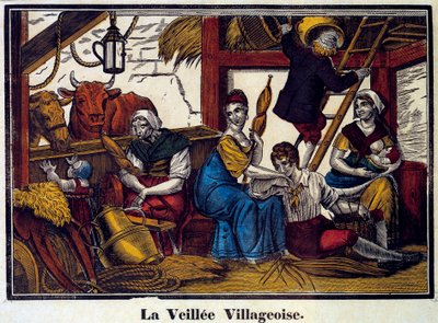 Falusi éjszakai élet: parasztcsalád egy pajtában. századi metszet. Paris, B.N. alkotó: Unknown artist