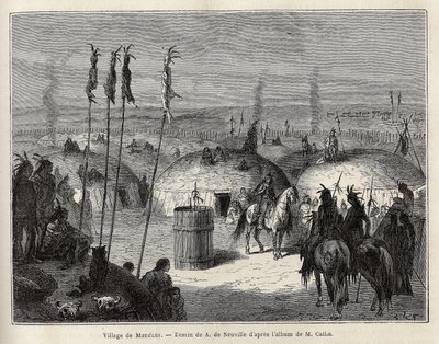 Mandans indiánok (vagy noumah ka kie: fácánok) faluja Missouri bal partján, 600 liga távolságra Saint Louis városától. Metszet a kolumbiai és felső-missouri medencék indián törzsei közötti kirándulás szemléltetésére, G. Catlintől, 1. alkotó: Unknown artist