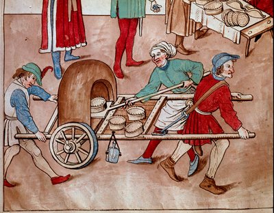 Egy sétáló pék. Miniatűr a „Konstanzi zsinat krónikájából”, Ulrich Richental (1360-1437) 1438 körülbelül Prága, Nemzeti Könyvtár alkotó: Unknown artist