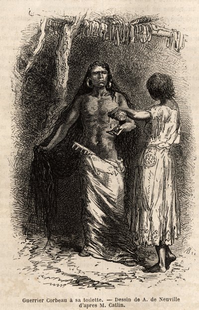 A varjú indián törzs (varjak) harcosa, a Lewis folyó mentén él, és vécét csinál. G. Catlin 1855-ös metszete Kolumbia és Felső-Missouri medencéi indián törzsei között tett kirándulást szemléltetve, megjelent a „le tour du monde”-ban. alkotó: Unknown artist