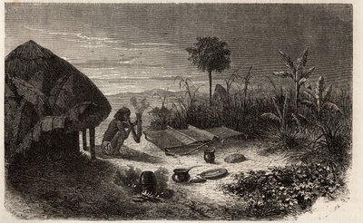 Egy takács és takácsa, a Zambeze folyó partján. Metszet Dr. Livingstone első dél-afrikai útjainak illusztrálására 1840 és 1856 között, az Edouard Charton irányítása alatt megjelent „Le tour du monde, nouveau Journal des voyages” c. alkotó: Unknown artist