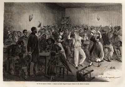 Esküvői bál Salersben, metszet, amely a közép-franciaországi vulkánokhoz vezető utazást illusztrálja 1864-ben, a „Le tour du monde, nouveau Journal des voyages” című kiadványban, amelyet Edouard Charton vezetésével adtak ki. alkotó: Unknown artist
