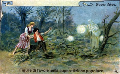 Egy vad tűz, egy szórt fény, amely éjszaka látható a mocsarak és temetők közelében, a néphagyomány okos szelleme lenne. századi kromolitográfia. alkotó: Unknown artist