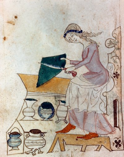 Egy fiatal nő kést élez. Miniatűr „” Dis des philosophes” típusú provence-i kéziratból” (MS Palat. 586) 14. századi Biblioteca Nazionale Florence alkotó: Unknown artist