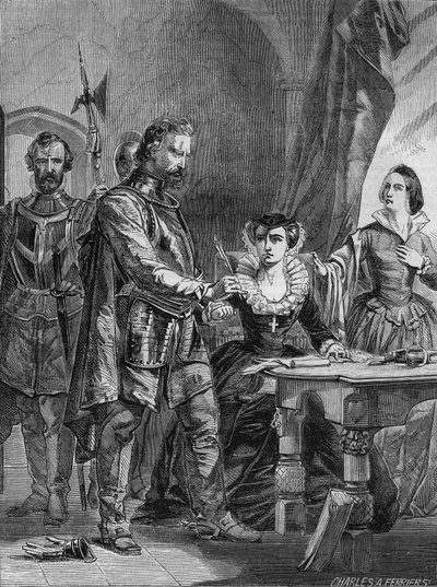I. Stuart Mária (1542-1587), Skócia és Franciaország királynője (1559-1560) lemondását. Metszet 1861-ből. alkotó: Unknown artist