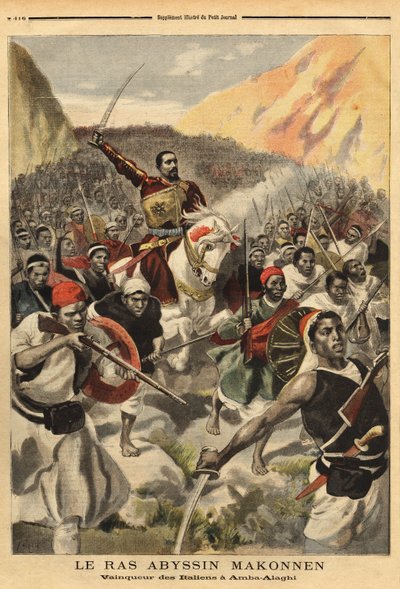 Abesszin Ras Ras Makonnen (Mekonnen Welde Mikael) (Abba Qagnew) (1852-1906), II. Menelik császár (1844-1913) hadvezére és jobb karja csapataival, Amba Alaghi győztese, a Toselli őrnagy vezette olasz hadseregből . Metszet a „” Le petit Journal-ban alkotó: Unknown artist