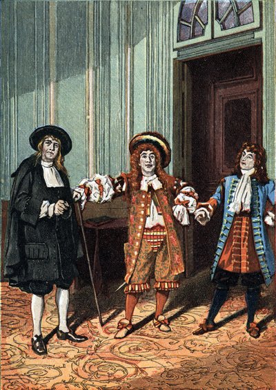 A „Le Bourgeois Gentilhomme” II. felvonása” vígjáték-balett öt felvonásban, Moliere prózában. A filozófus mester (Mr. Lenoir), a tánc mestere (Mr. Truffier), Mr. Jourdain (Mr. Coquelin fiatalabb). 1890 körül. alkotó: Unknown artist