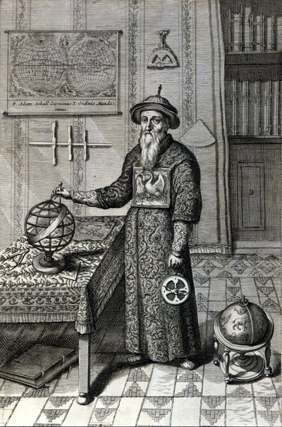 Adam Schall, csillagász (1592-1666) mandarin jelmezben a pekini csillagvizsgálóban, „Kínában”, Athanase Kircher (vagy Athanasius Kircheri) alkotó: Unknown artist