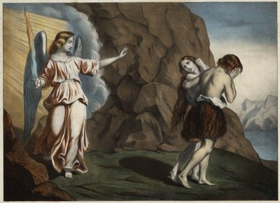 Ádám és Éva a Paradicsomból üldözték. Névtelen metszet a 19. század közepéről. alkotó: Unknown artist