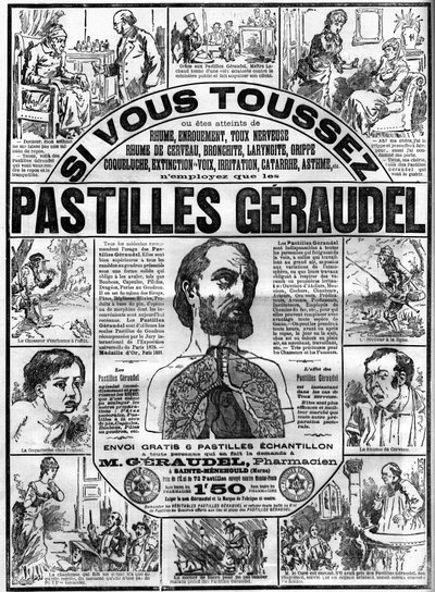 Arthur Geraudel (1841-1906) gyógyszerész a Sainte-Menehould (Sainte Menehould) köhögés elleni Geraudel tabletták reklámja. Metszet a „Le monde illustrious”-ban alkotó: Unknown artist