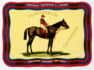 A „” Gladiateur Champagne – Théophile Roederer & C¡ reklámcímkéje. Reims – 1864-ben alapított ház”. Kromolitográfia n.d. alkotó: Unknown artist