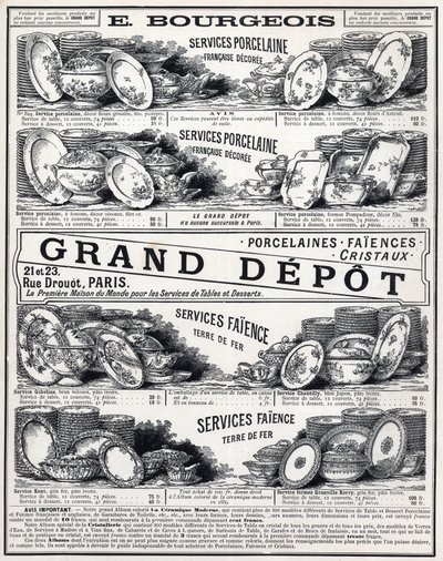 1889-es reklám a „La Ceramic Moderne by Le Grand Depot De Porcelaines, Faiences Et Verreries Bourgeois Párizsban” számára alkotó: Unknown artist